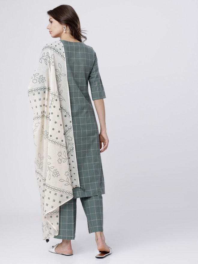 Vishudh Women Green Checked Kurta Sets 